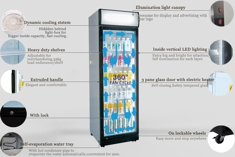 Factoru Price Single Door Upright Showcase, Upright Cooler, Glass Door Merchandiser with 5 Metal Shelves Cooler