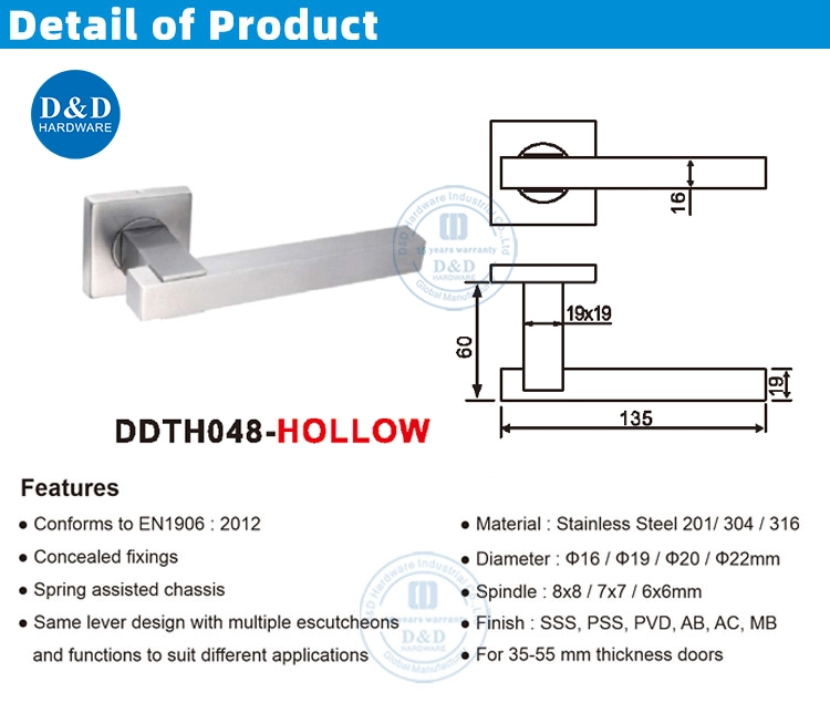 House SUS304 Lever Tube Commercial Door Handle Hardware on Square Rose