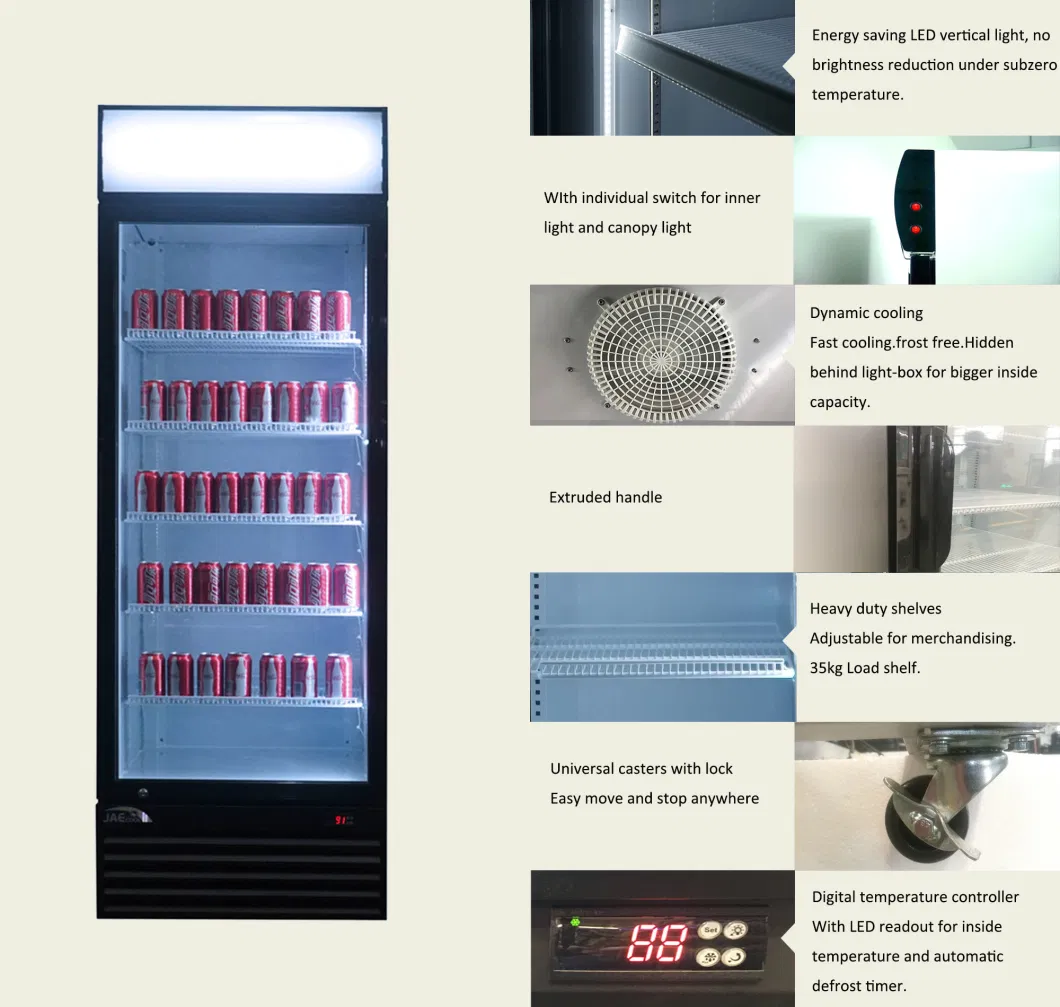 Fan Cooling 450L Colume Glass Door Merchandiser for Beverage