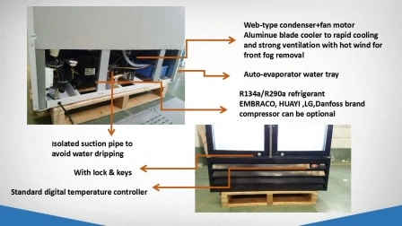 R290 二重ガラスドア直立冷蔵ショーケースドリンクおよび飲料クーラーガラスドアマーチャンダイザー